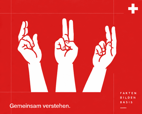 Drei zum Schwur erhobene Hände, weiss auf Schweizer Rot